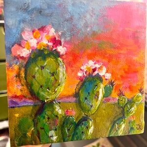 Original mini acrylic cactus painting 4x4”